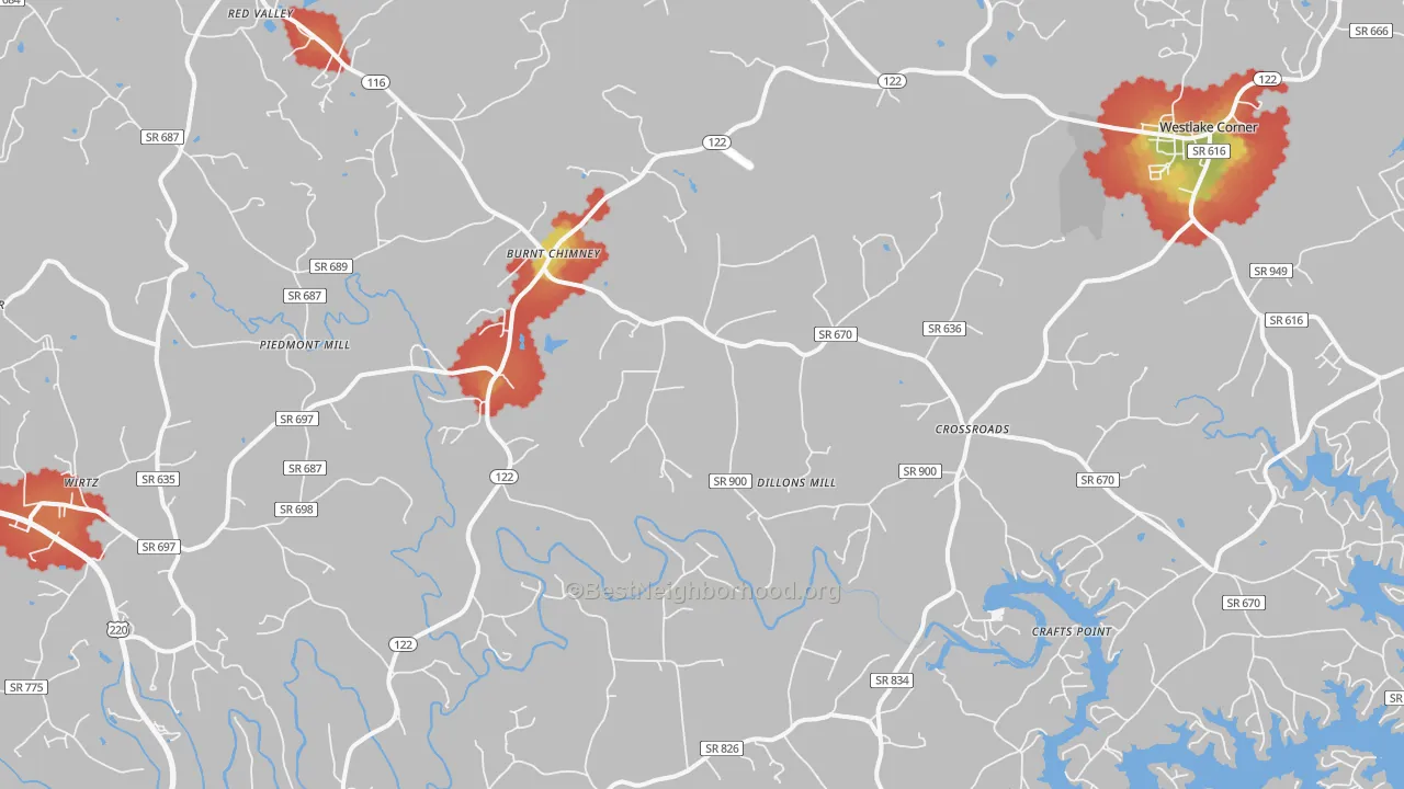 Walk Grade map of Wirtz, VA, walkable areas in green and car-dependent areas in red