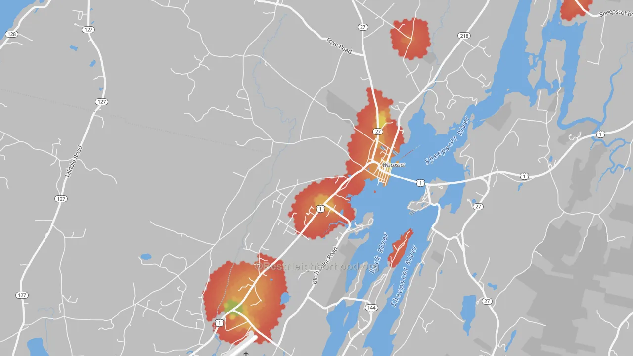 Walk Grade map of Wiscasset, ME, walkable areas in green and car-dependent areas in red