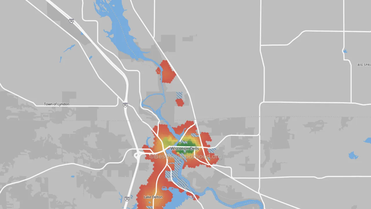 Walk Grade map of Wisconsin Dells, WI, walkable areas in green and car-dependent areas in red