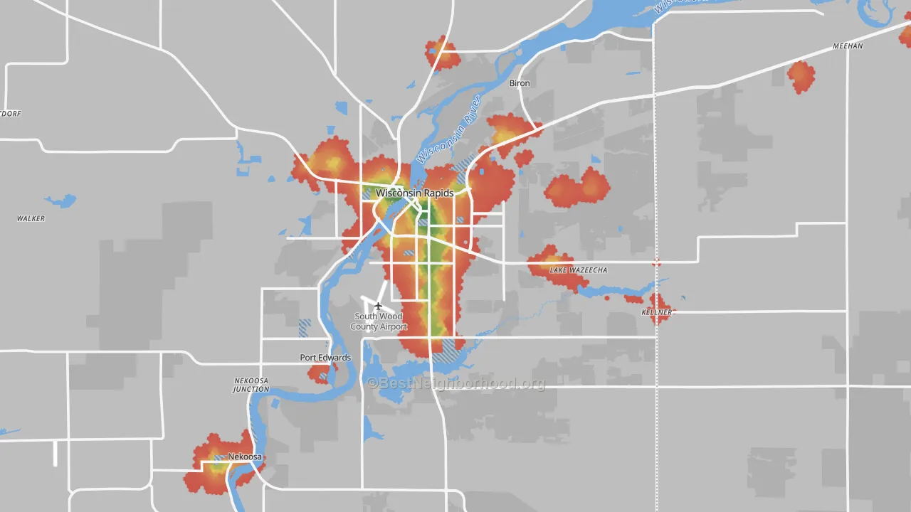 Walk Grade map of Wisconsin Rapids, WI, walkable areas in green and car-dependent areas in red