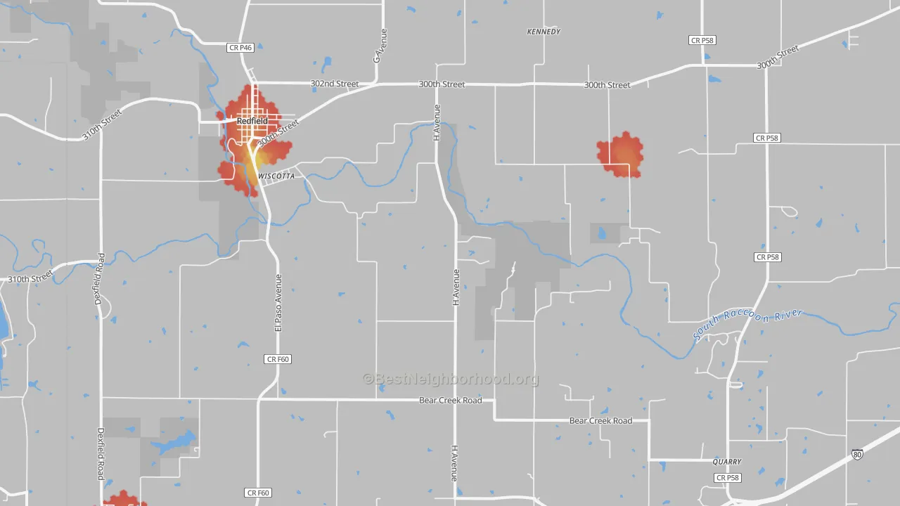 Walk Grade map of Wiscotta, IA, walkable areas in green and car-dependent areas in red