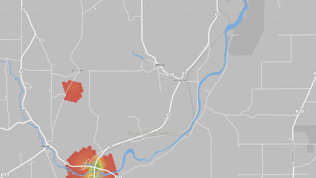 Walk Grade map of Wiscoy, NY, walkable areas in green and car-dependent areas in red