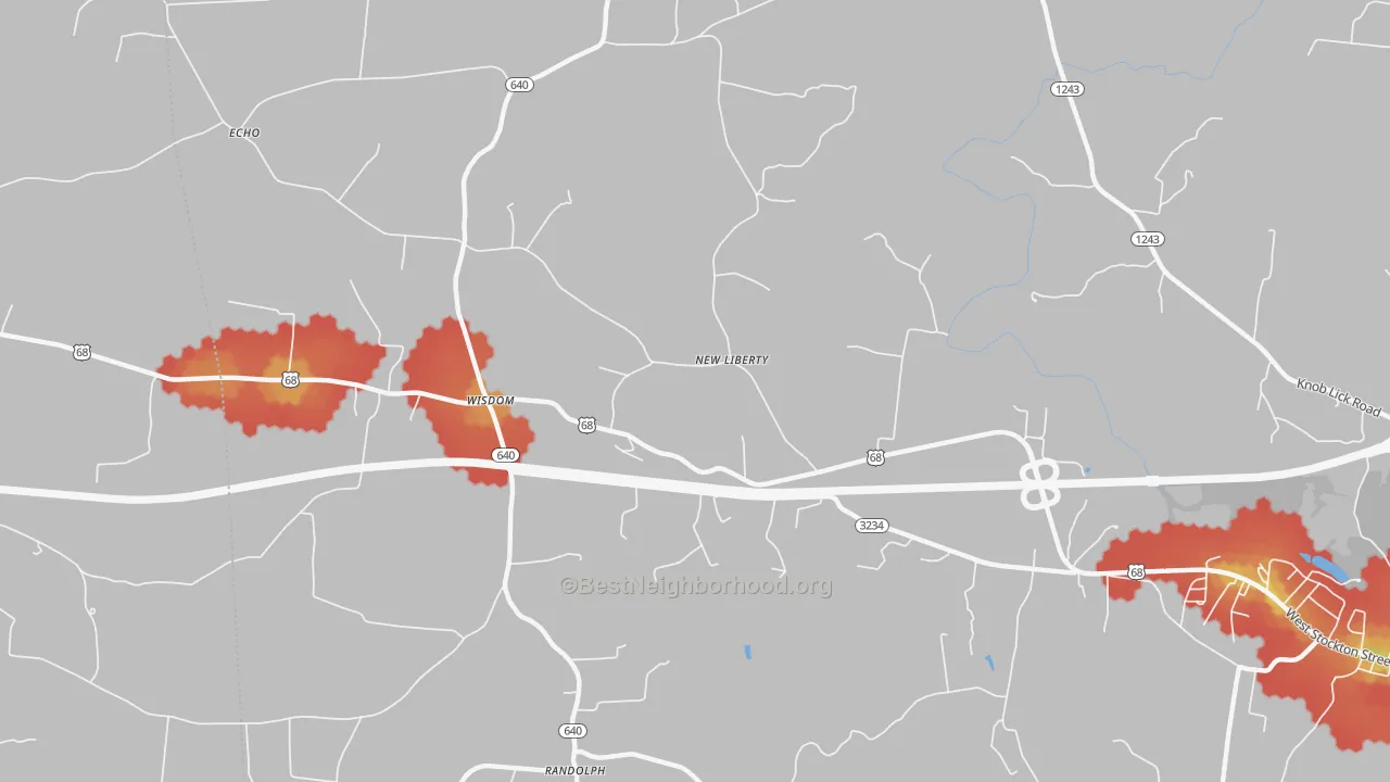 Walk Grade map of Wisdom, KY, walkable areas in green and car-dependent areas in red