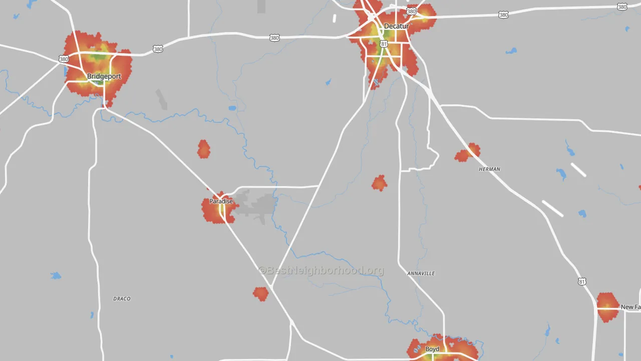 Walk Grade map of Wise County, TX, walkable areas in green and car-dependent areas in red