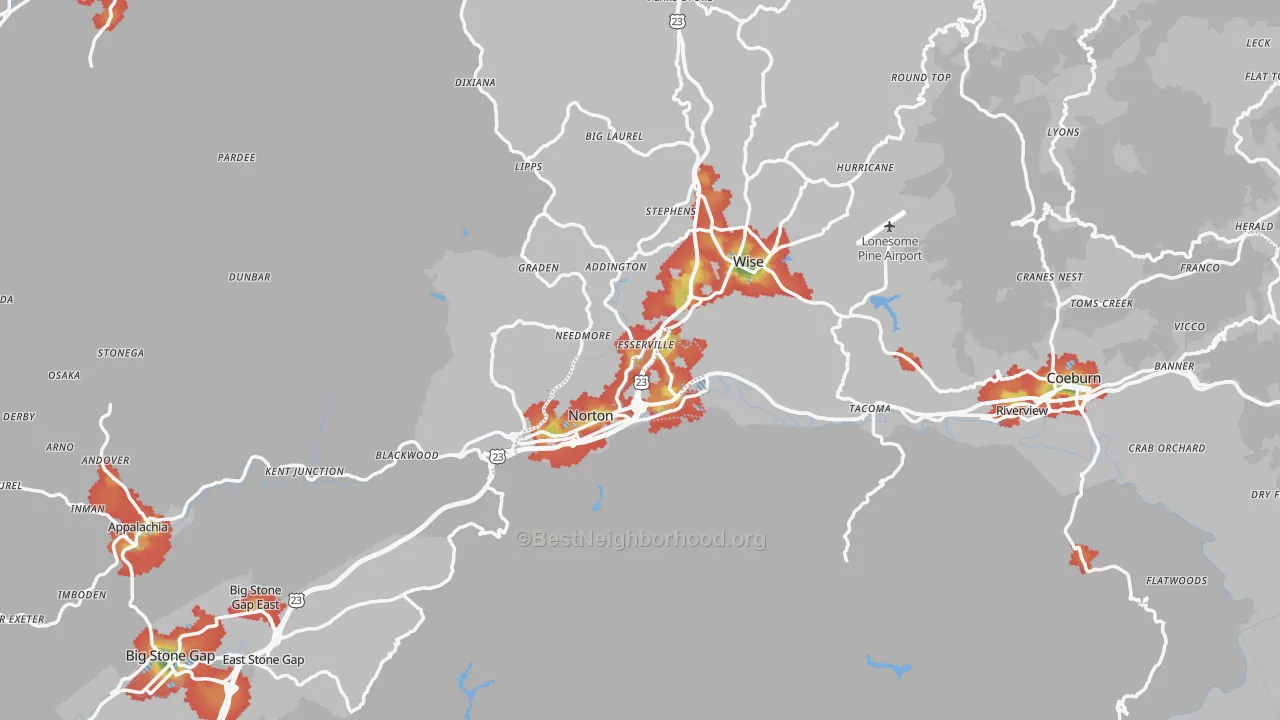 Walk Grade map of Wise County, VA, walkable areas in green and car-dependent areas in red