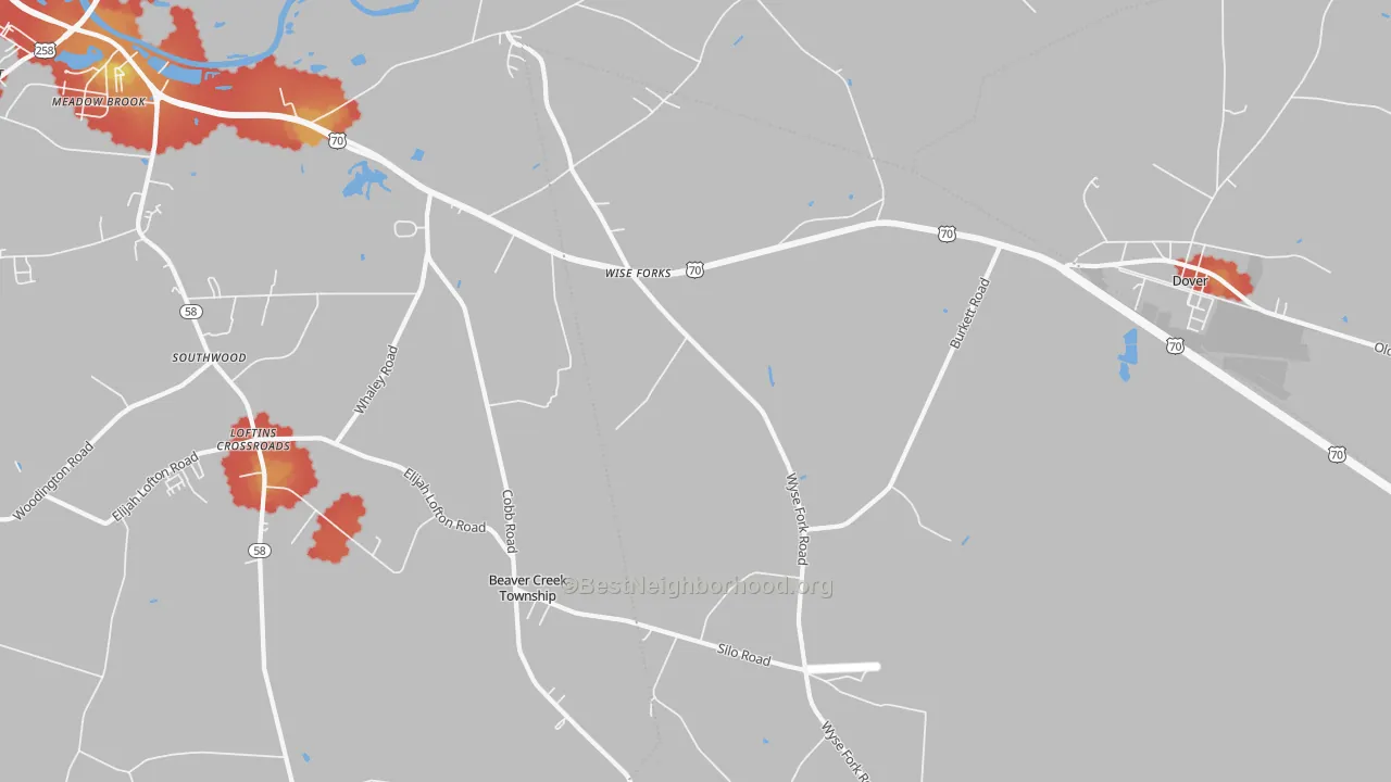 Walk Grade map of Wise Forks, NC, walkable areas in green and car-dependent areas in red