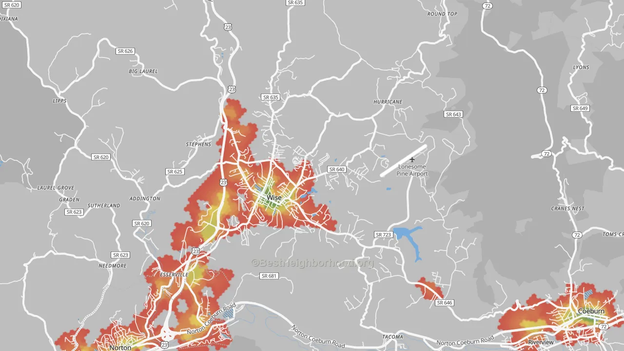 Walk Grade map of Wise, VA, walkable areas in green and car-dependent areas in red
