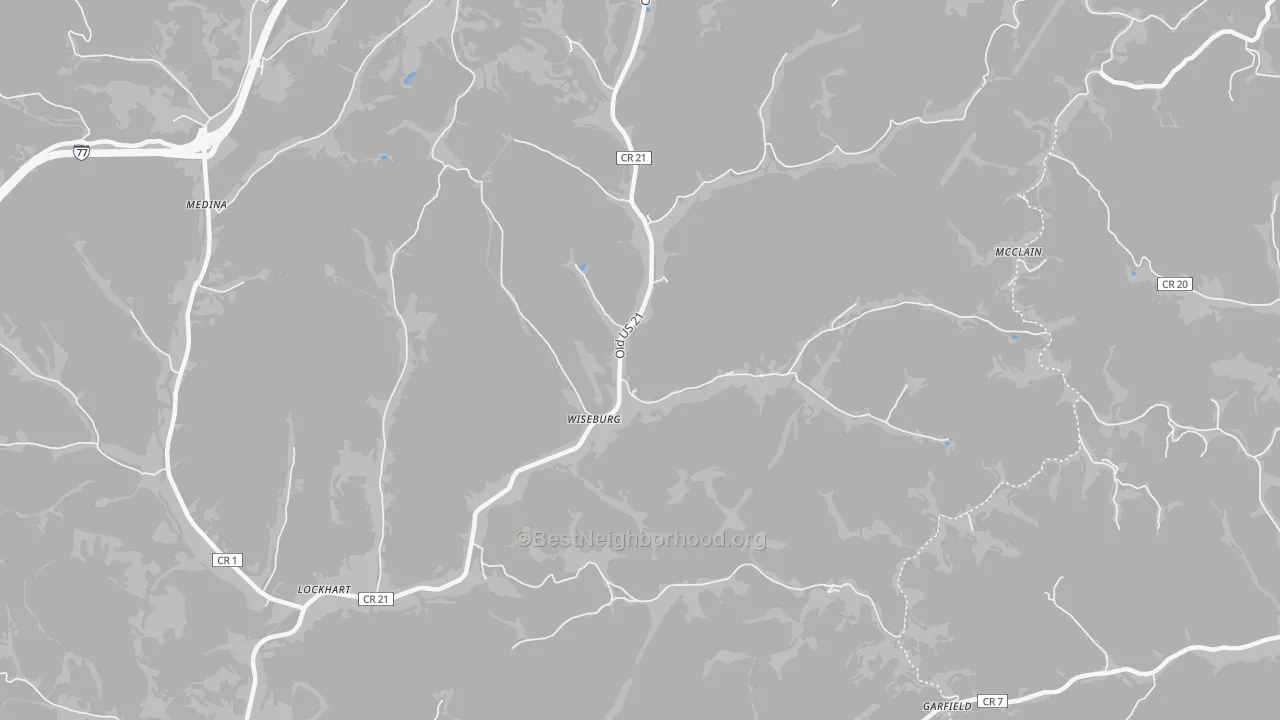 Walk Grade map of Wiseburg, WV, walkable areas in green and car-dependent areas in red