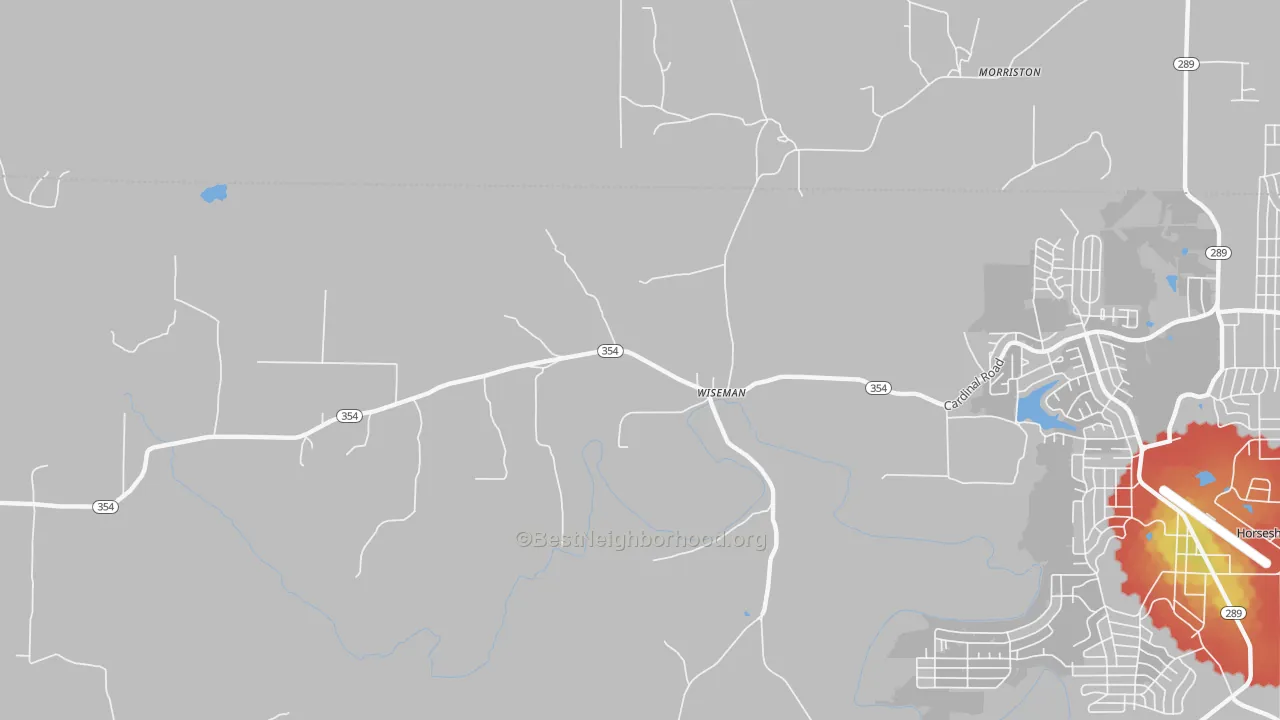 Walk Grade map of Wiseman, AR, walkable areas in green and car-dependent areas in red