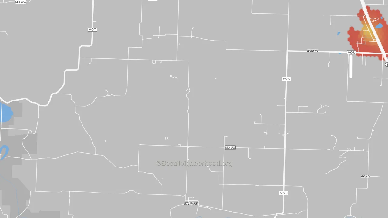 Walk Grade map of Wishart, MO, walkable areas in green and car-dependent areas in red