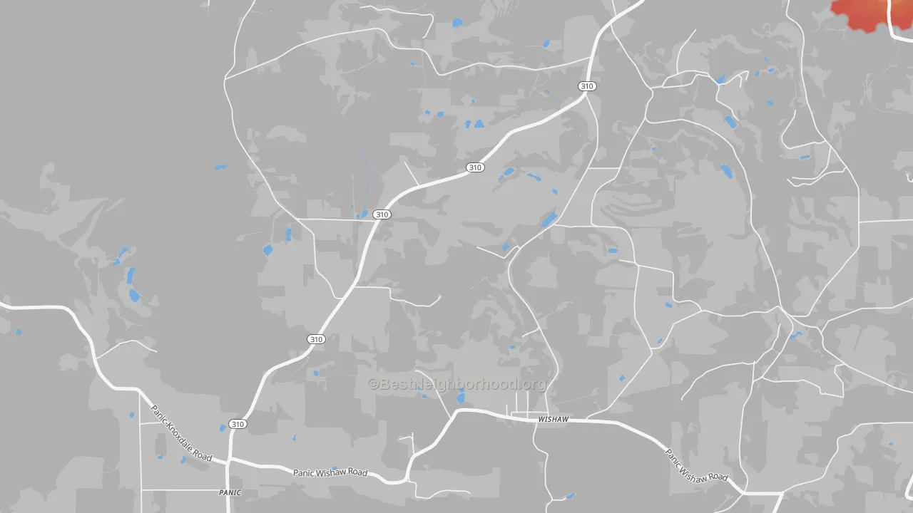 Walk Grade map of Wishaw, PA, walkable areas in green and car-dependent areas in red