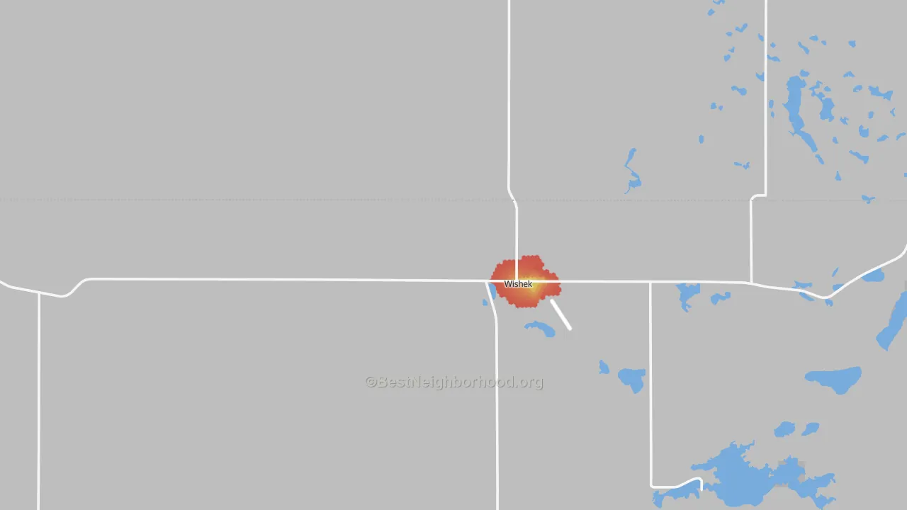 Walk Grade map of Wishek, ND, walkable areas in green and car-dependent areas in red