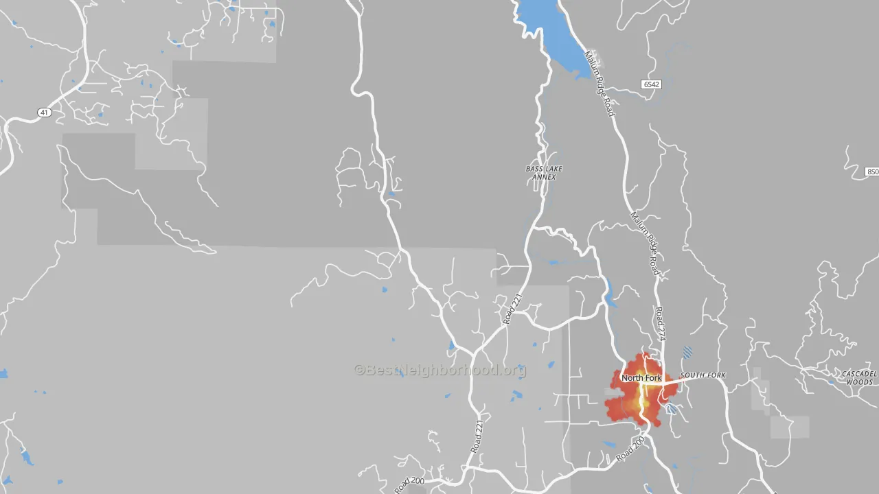 Walk Grade map of Wishon, CA, walkable areas in green and car-dependent areas in red