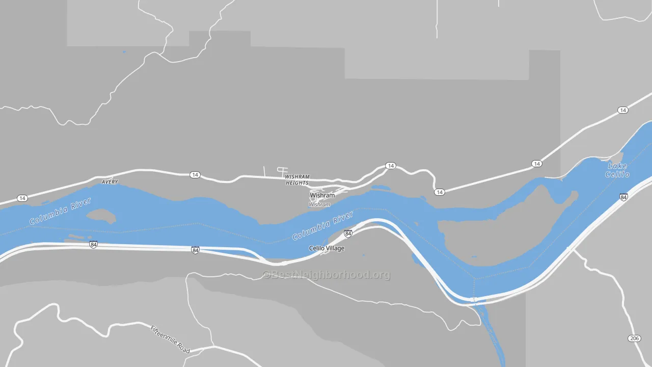Walk Grade map of Wishram, WA, walkable areas in green and car-dependent areas in red