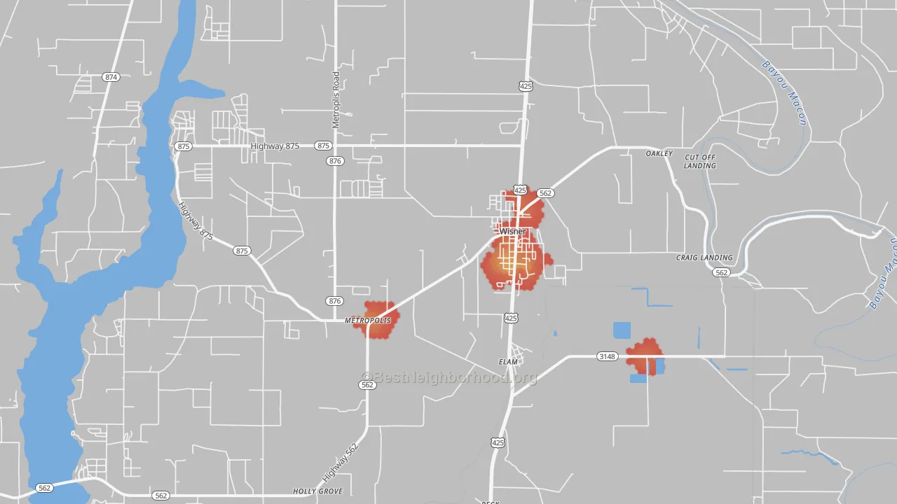 Walk Grade map of Wisner, LA, walkable areas in green and car-dependent areas in red