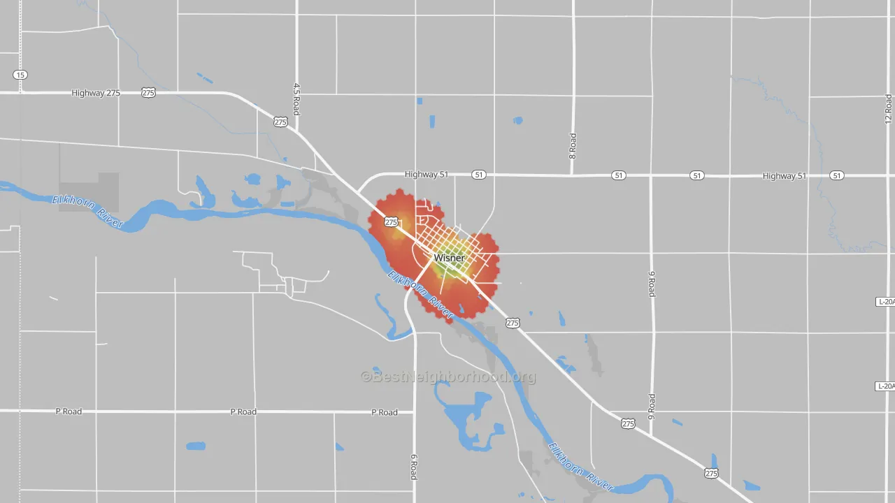 Walk Grade map of Wisner, NE, walkable areas in green and car-dependent areas in red