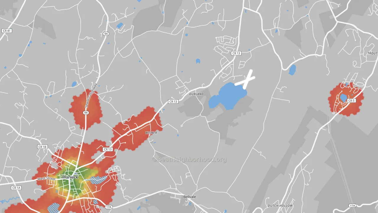Walk Grade map of Wisner, NY, walkable areas in green and car-dependent areas in red