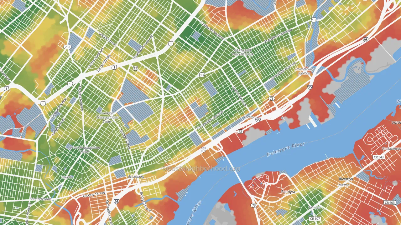 Walk Grade map of Wissanoning, Philadelphia, PA, walkable areas in green and car-dependent areas in red