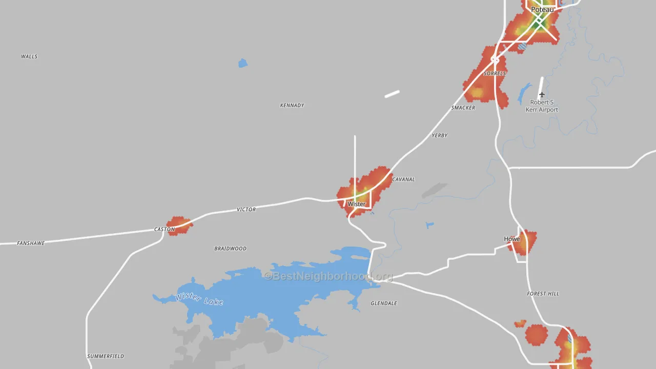 Walk Grade map of Wister, OK, walkable areas in green and car-dependent areas in red