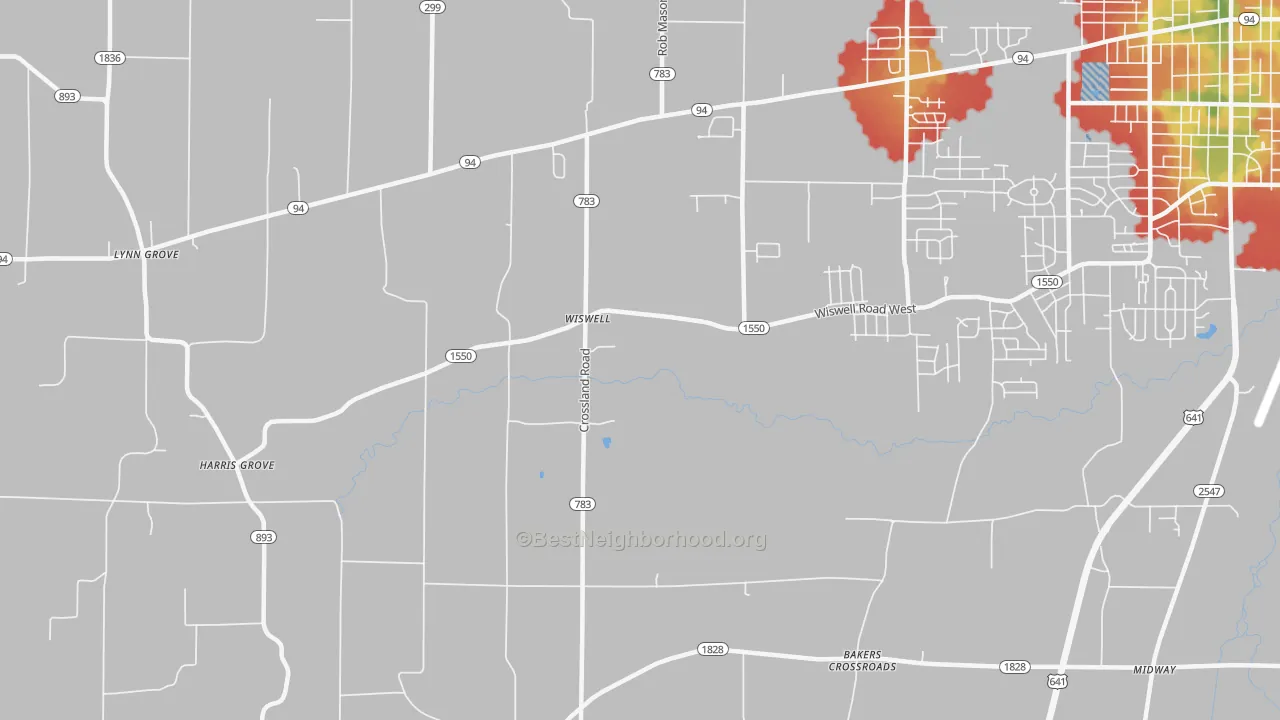Walk Grade map of Wiswell, KY, walkable areas in green and car-dependent areas in red