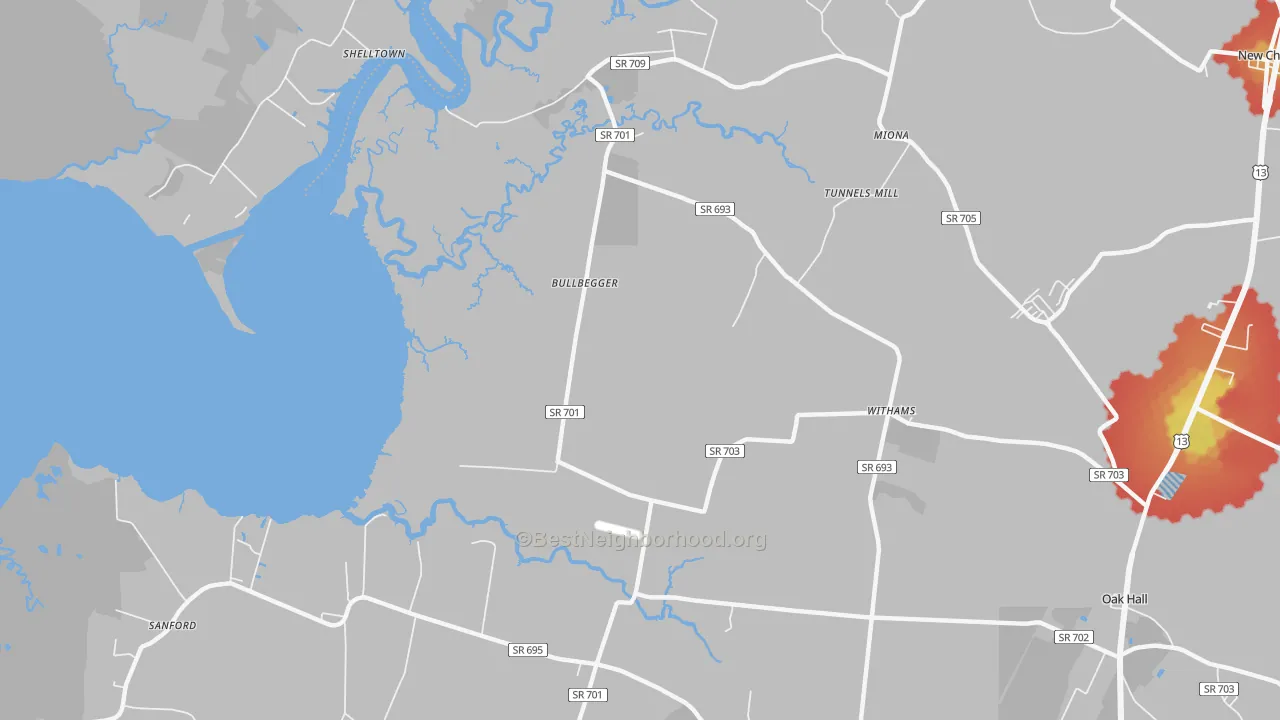 Walk Grade map of Withams, VA, walkable areas in green and car-dependent areas in red
