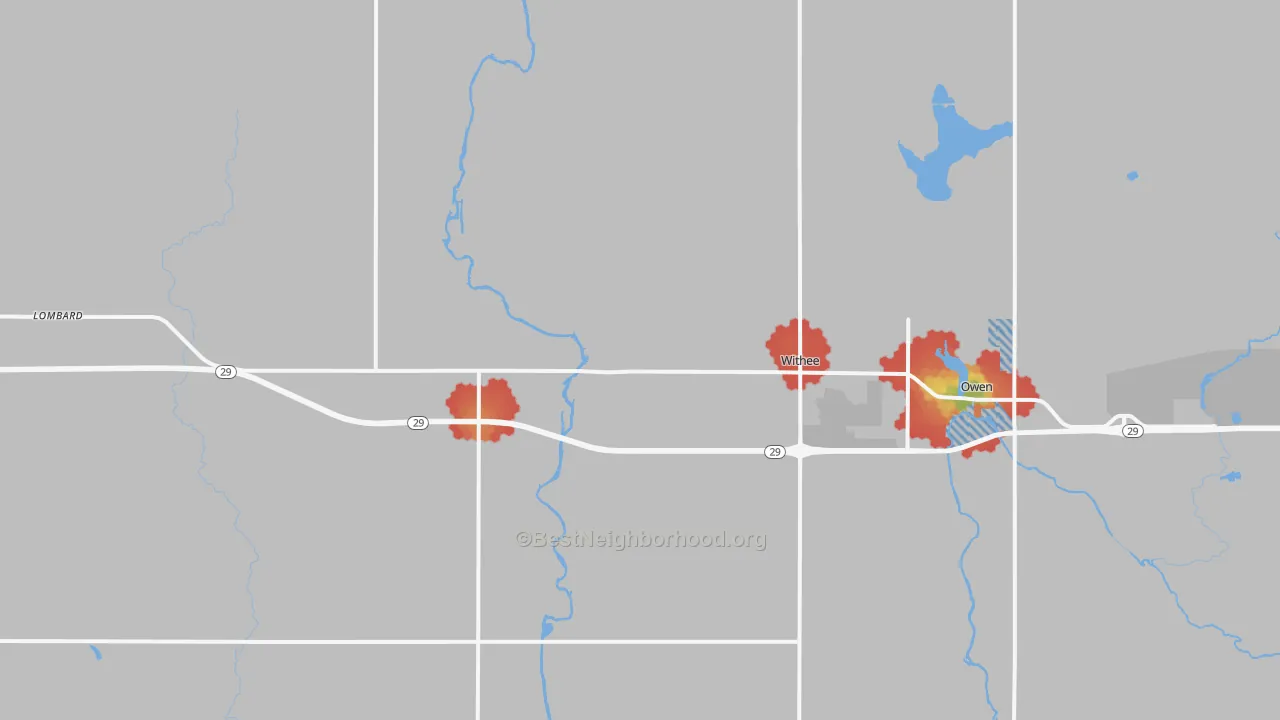 Walk Grade map of Withee, WI, walkable areas in green and car-dependent areas in red
