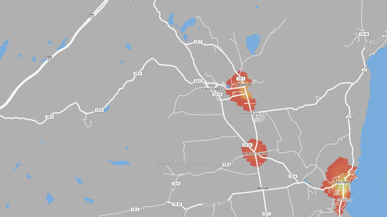 Walk Grade map of Witherbee, NY, walkable areas in green and car-dependent areas in red