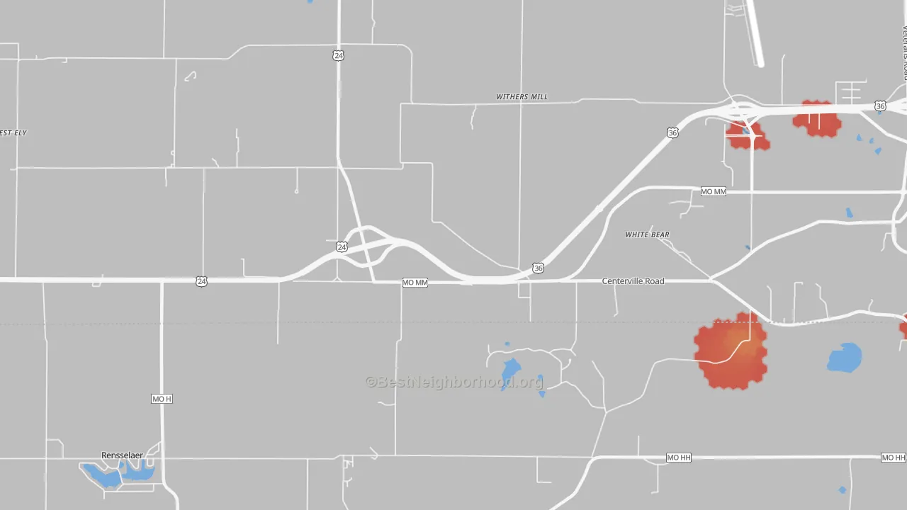 Walk Grade map of Withers Mill, MO, walkable areas in green and car-dependent areas in red