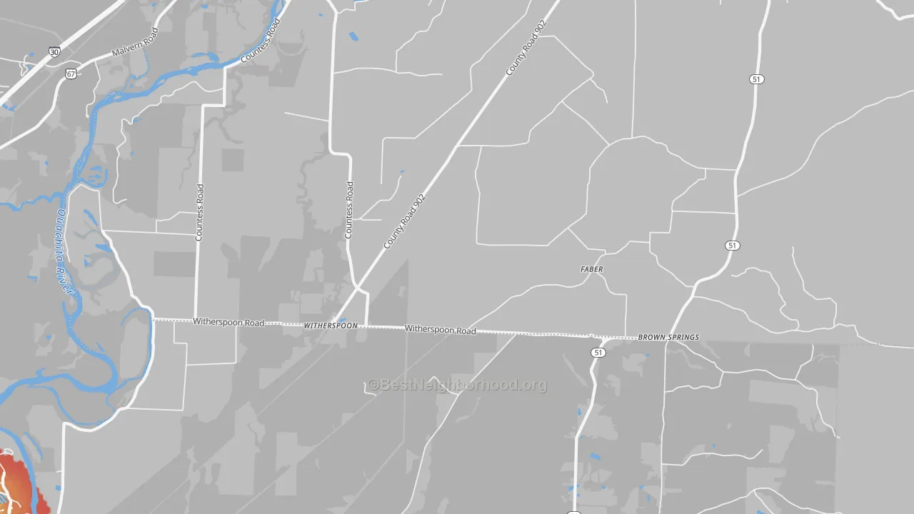 Walk Grade map of Witherspoon, AR, walkable areas in green and car-dependent areas in red