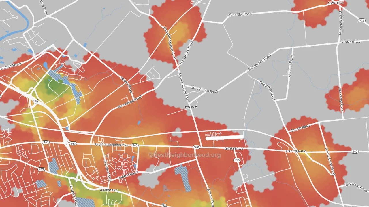 Walk Grade map of Witmer, PA, walkable areas in green and car-dependent areas in red