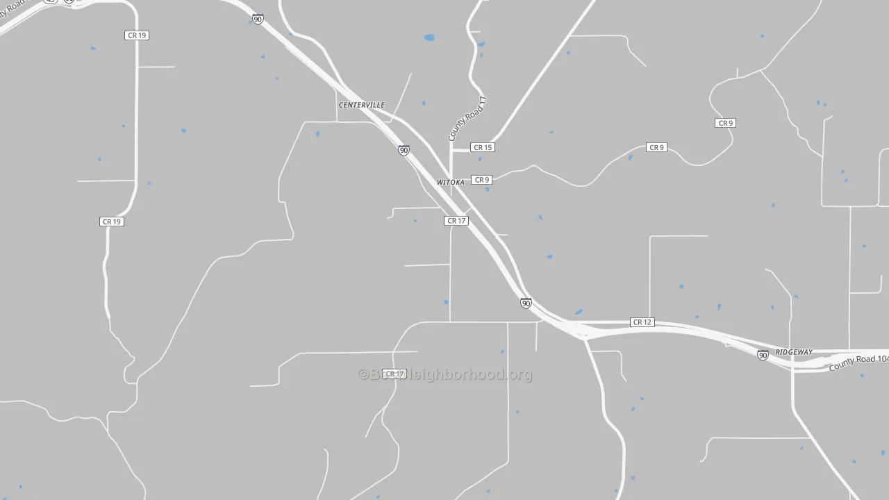 Walk Grade map of Witoka, MN, walkable areas in green and car-dependent areas in red