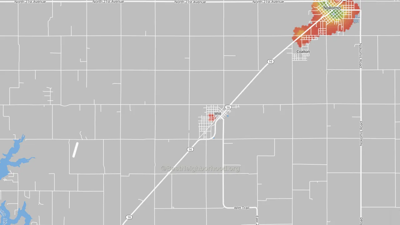 Walk Grade map of Witt, IL, walkable areas in green and car-dependent areas in red