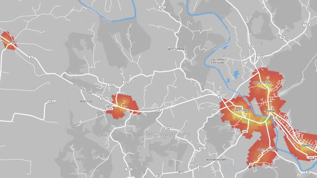 Walk Grade map of Witt Springs, KY, walkable areas in green and car-dependent areas in red