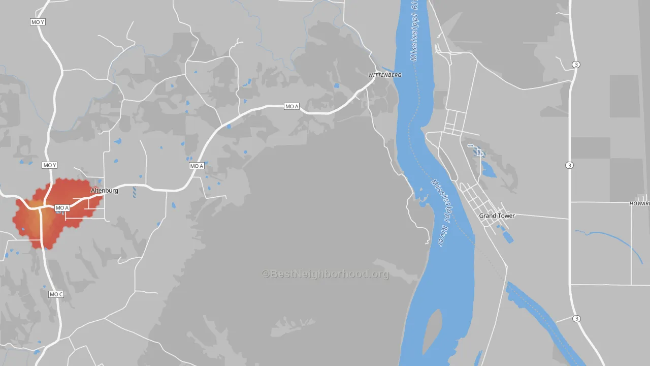 Walk Grade map of Wittenberg, MO, walkable areas in green and car-dependent areas in red