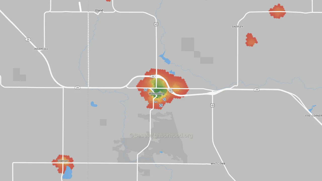Walk Grade map of Wittenberg, WI, walkable areas in green and car-dependent areas in red