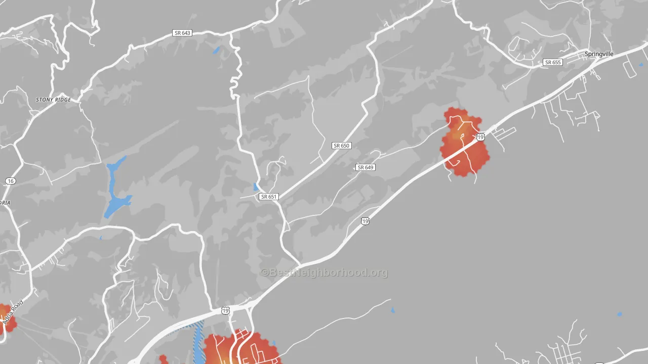 Walk Grade map of Wittens Mills, VA, walkable areas in green and car-dependent areas in red