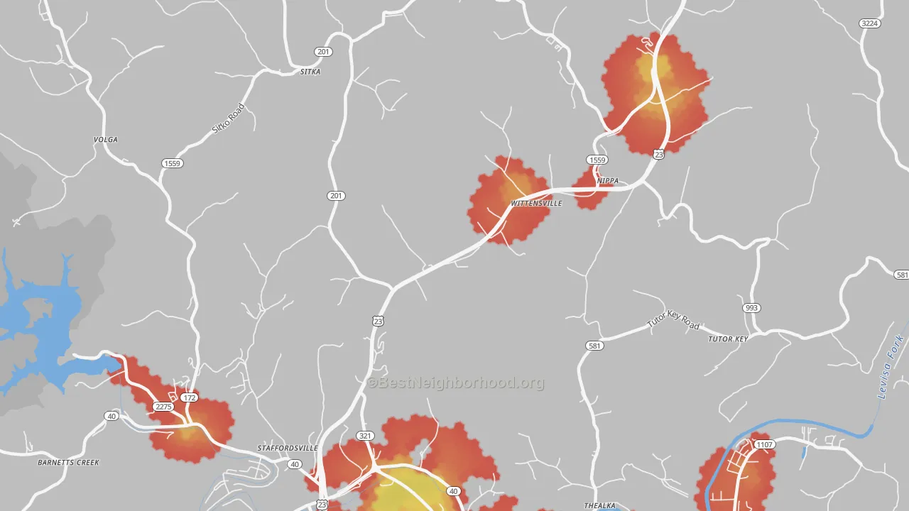 Walk Grade map of Wittensville, KY, walkable areas in green and car-dependent areas in red