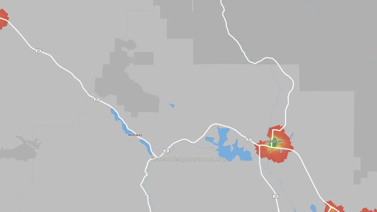Walk Grade map of Witter Springs, CA, walkable areas in green and car-dependent areas in red