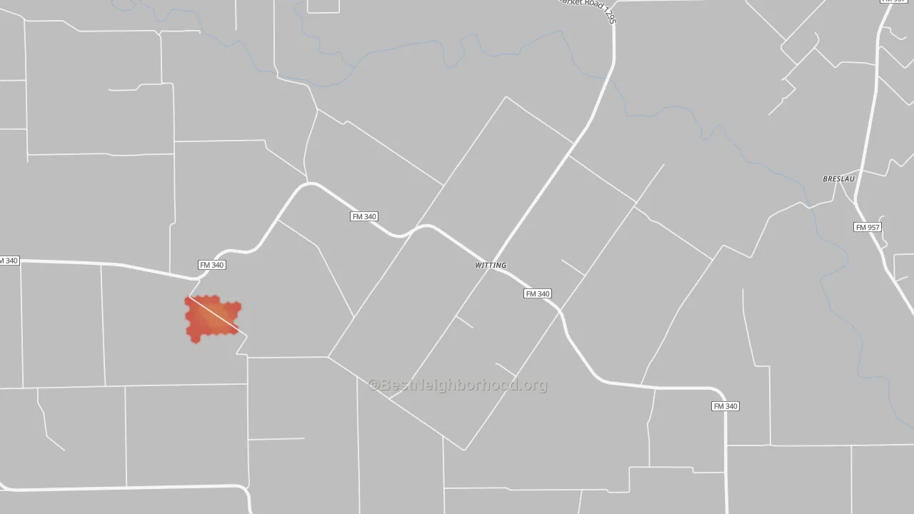 Walk Grade map of Witting, TX, walkable areas in green and car-dependent areas in red