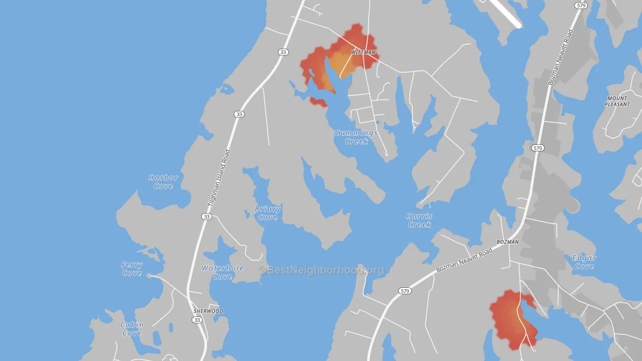 Walk Grade map of Wittman, MD, walkable areas in green and car-dependent areas in red