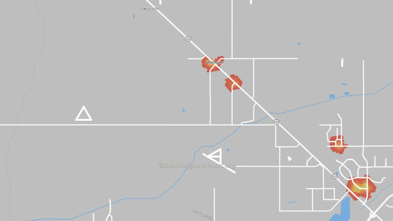 Walk Grade map of Wittmann, AZ, walkable areas in green and car-dependent areas in red