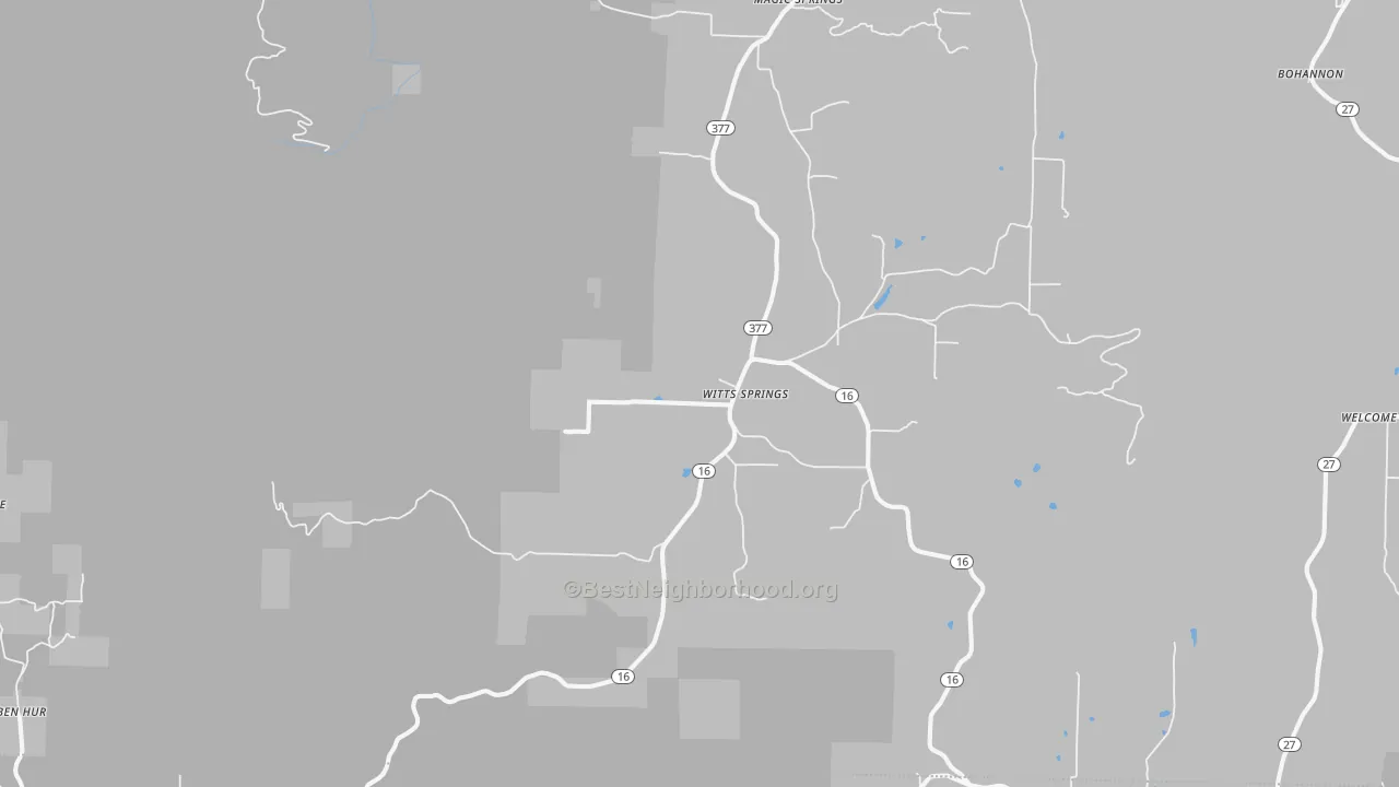 Walk Grade map of Witts Springs, AR, walkable areas in green and car-dependent areas in red