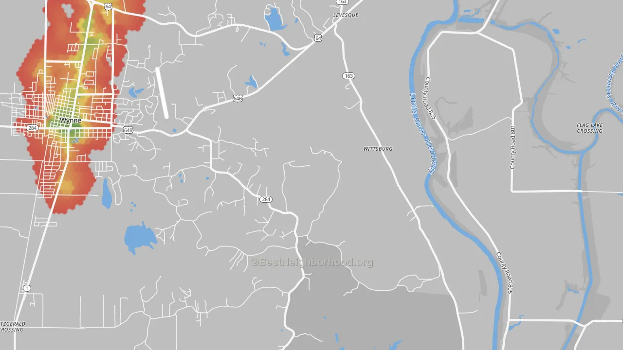 Walk Grade map of Wittsburg, AR, walkable areas in green and car-dependent areas in red