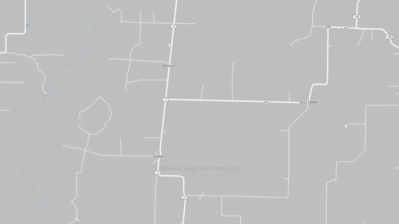 Walk Grade map of Wiville, AR, walkable areas in green and car-dependent areas in red