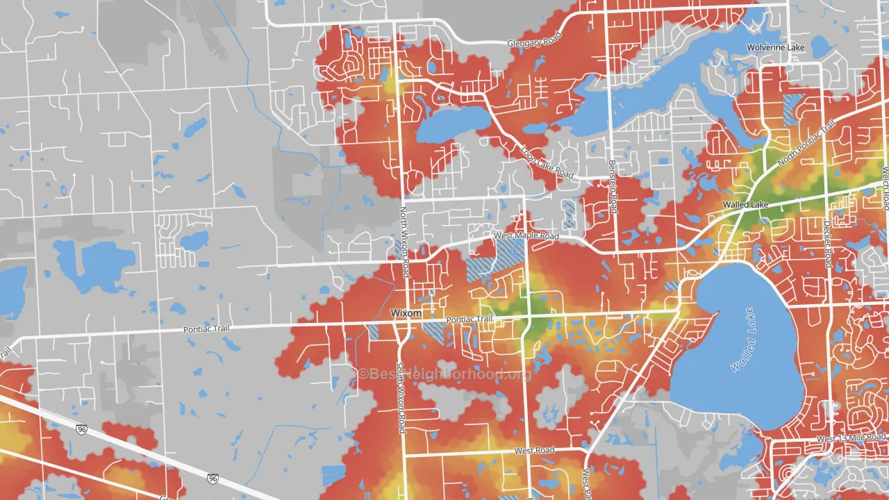 Walk Grade map of Wixom, MI, walkable areas in green and car-dependent areas in red