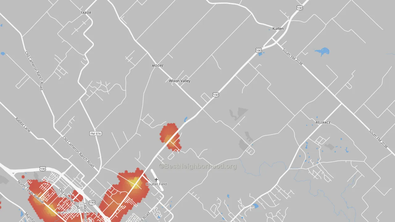 Walk Grade map of Wixon Valley, TX, walkable areas in green and car-dependent areas in red