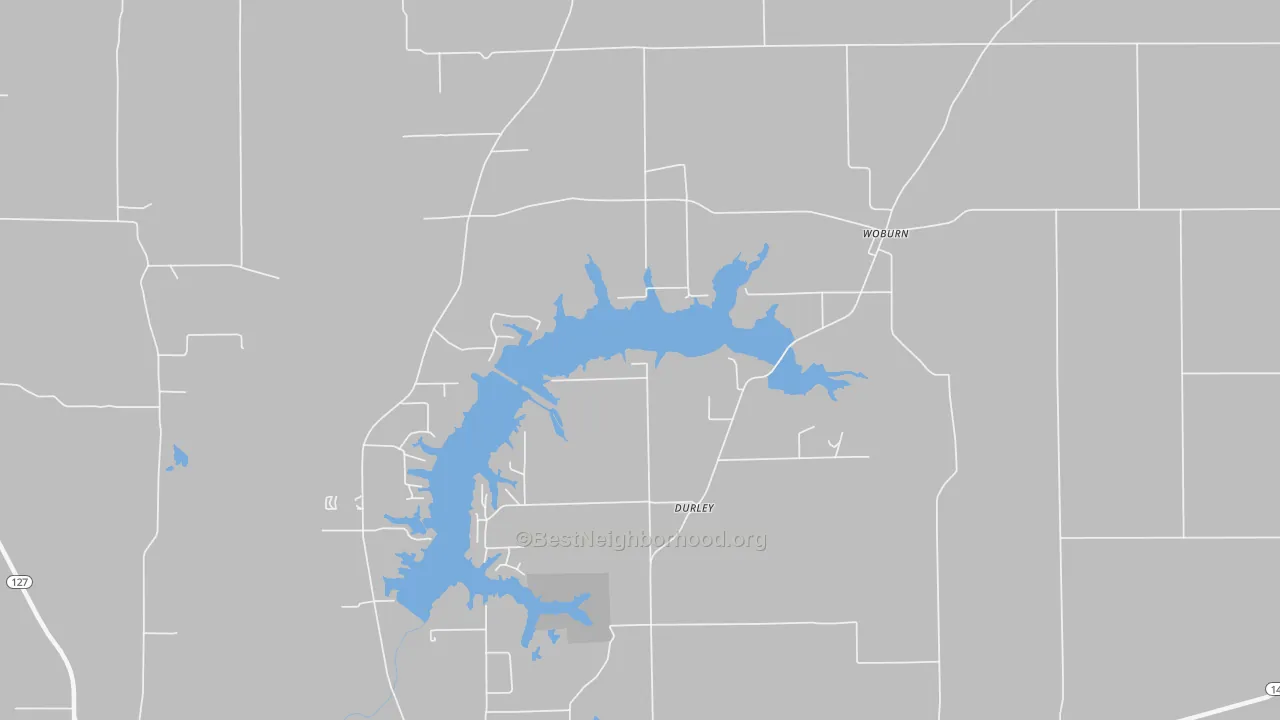 Walk Grade map of Woburn, IL, walkable areas in green and car-dependent areas in red