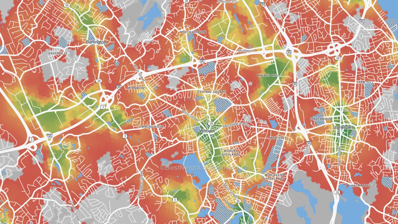 Walk Grade map of Woburn, MA, walkable areas in green and car-dependent areas in red