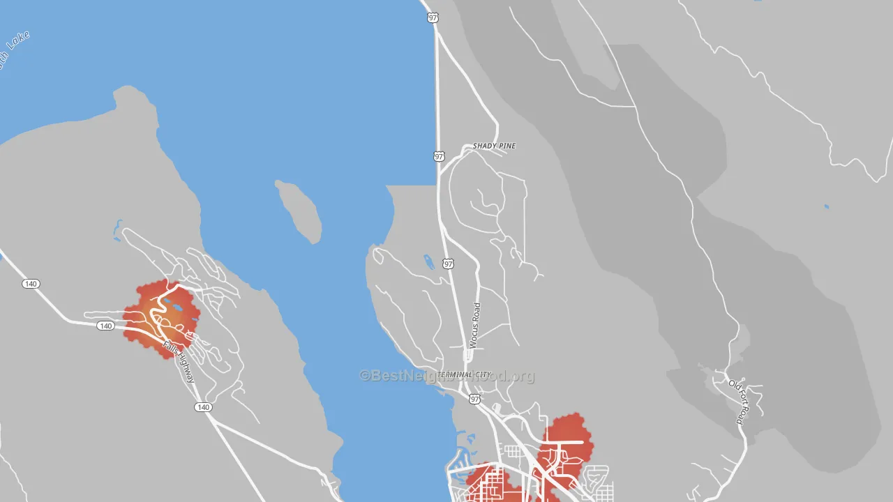 Walk Grade map of Wocus, OR, walkable areas in green and car-dependent areas in red