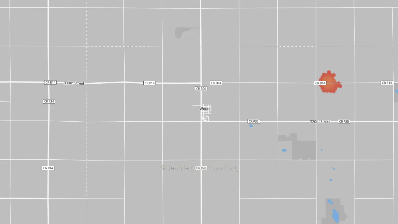 Walk Grade map of Woden, IA, walkable areas in green and car-dependent areas in red